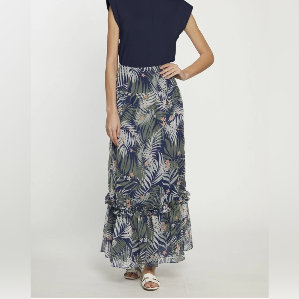 Walter‎ Baker Navy and Green Leaf Print Maxi Skirt